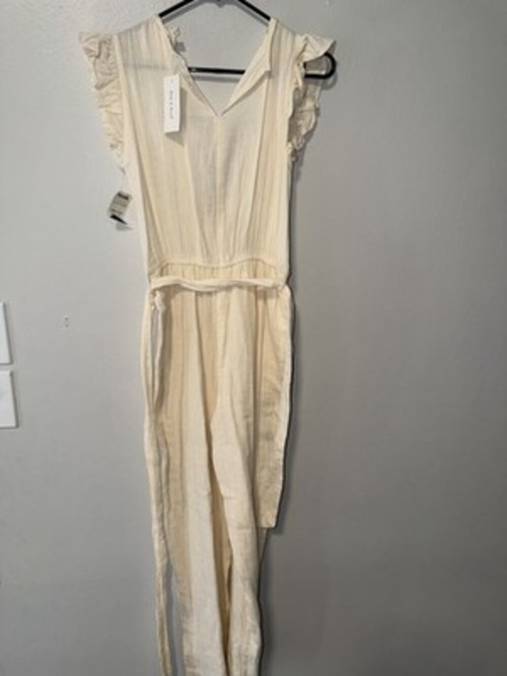 SIM & SAM Ivory Jumpsuit 5X Cap Sleeve V-Neck Straight Leg Cotton Ruffle Accent